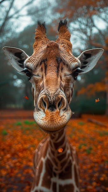 a giraffe with eyes closed and a few insects on its face