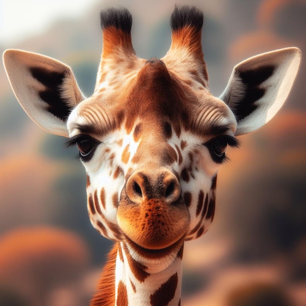 A giraffe with the eyes closed and the word giraffe on the face