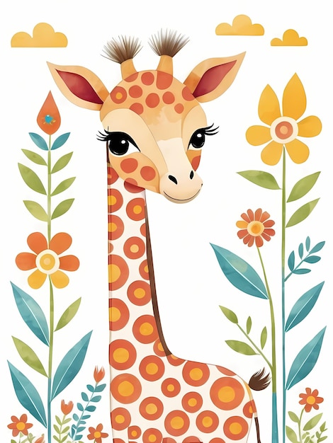 a giraffe with a floral background with flowers and a picture of a giraffe