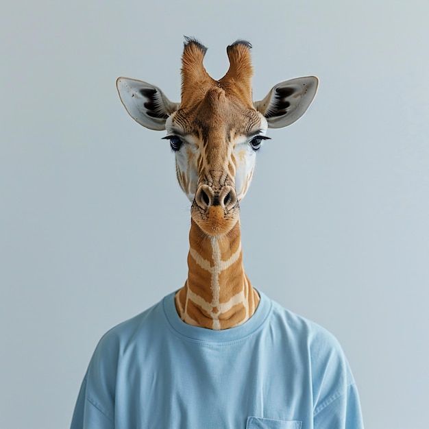 Photo a giraffe with a giraffe head and a blue shirt on