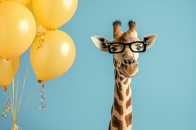 Photo giraffe with glasses and balloons celebrating birthday