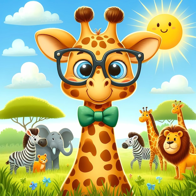 giraffe with glasses and a giraffe with a bow tie