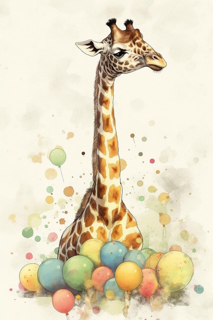 A giraffe with a hat on it and a bunch of balloons on the bottom.