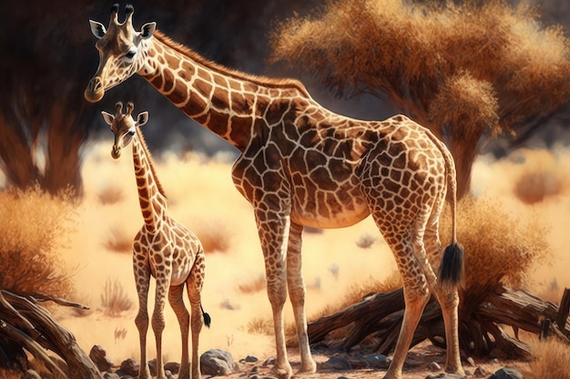 Giraffe with her calf in the African savannah Created with generative AI technology