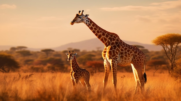 Giraffe with her calf in the African savannah