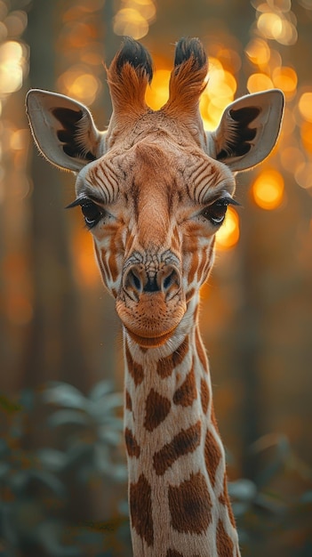 a giraffe with horns looking at the camera