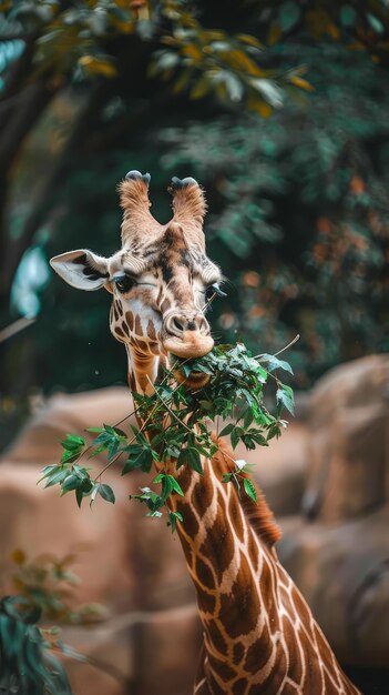 Photo a giraffe with a leafy branch in its mouth