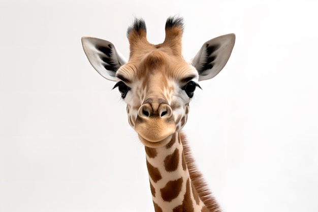 A giraffe with long black eyelashes and a white background