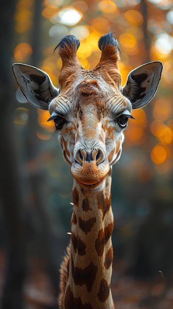 a giraffe with a long neck and a blurry background