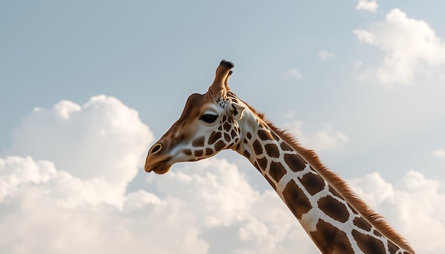 a giraffe with a long neck and a cloud in the background