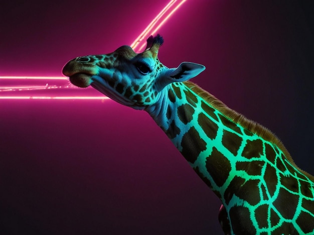 Photo a giraffe with a long neck and a neon light behind it