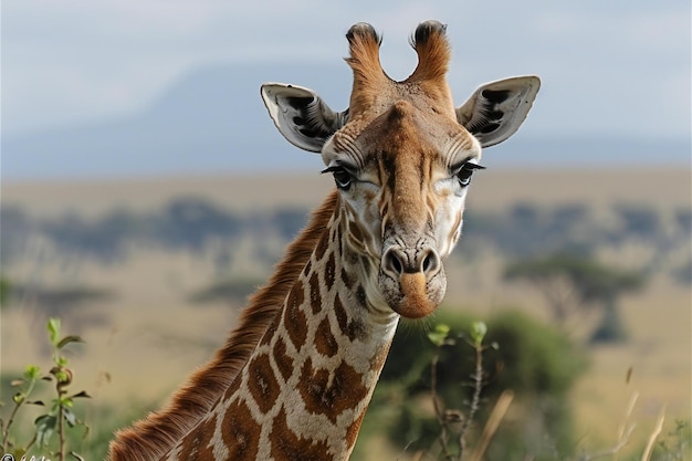 Photo a giraffe with a mountain in the background