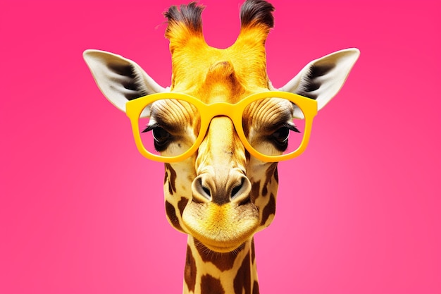 A giraffe with a pink glasses on and a yellow background