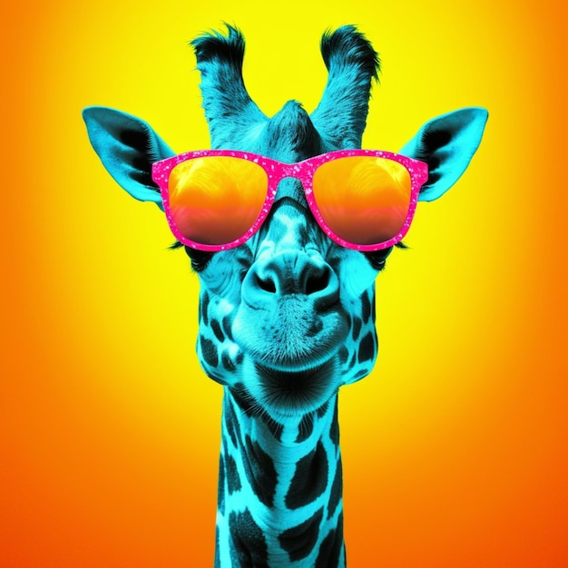 A giraffe with a pink glasses on and a yellow background.