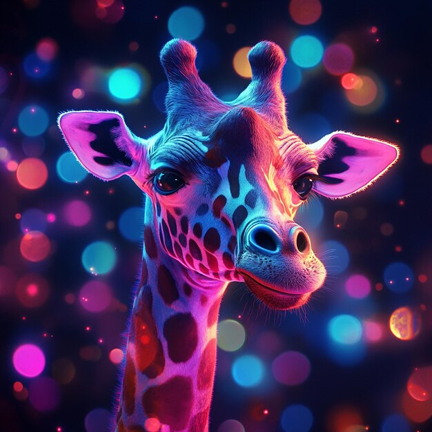 Photo a giraffe with a purple background with the lights on it