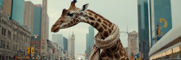 Photo a giraffe with a scarf on its neck is being held up by a woman