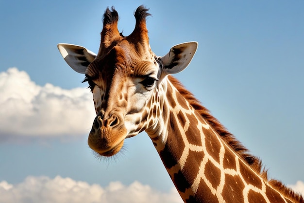 a giraffe with a sky background and clouds in the background