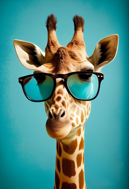 A giraffe with sunglasses on and a blue background.