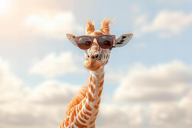 Photo a giraffe with sunglasses on and a giraffe in the background