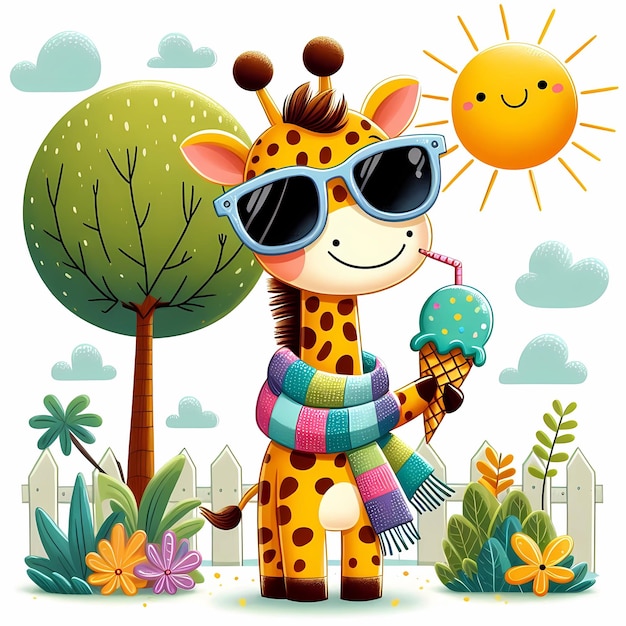 a giraffe with sunglasses and a giraffe standing in front of a fence