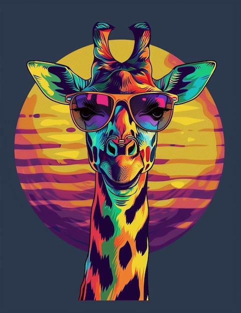 Photo a giraffe with sunglasses on his head and a colorful background