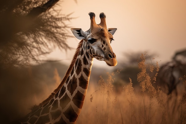 A giraffe with a sunset in the background