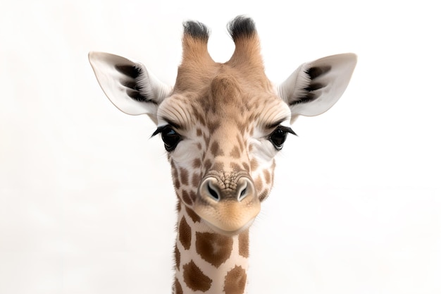 A giraffe with a white background and black eyes