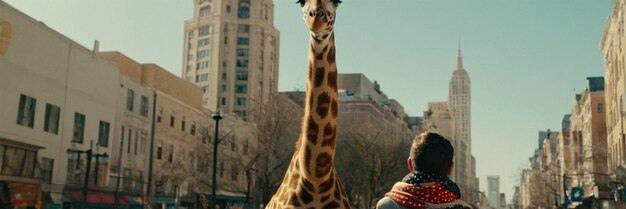 Photo a giraffe with a woman in a park