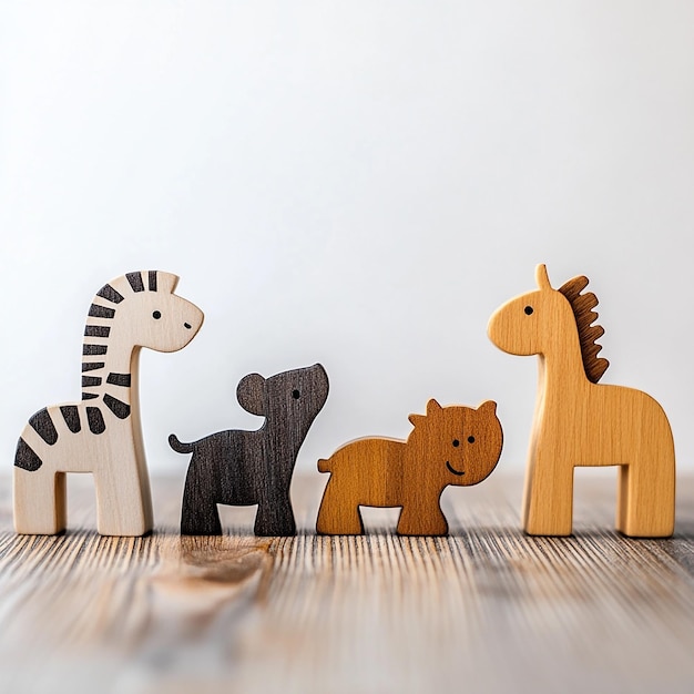 Photo a giraffe and zebra figurines are on a wooden table