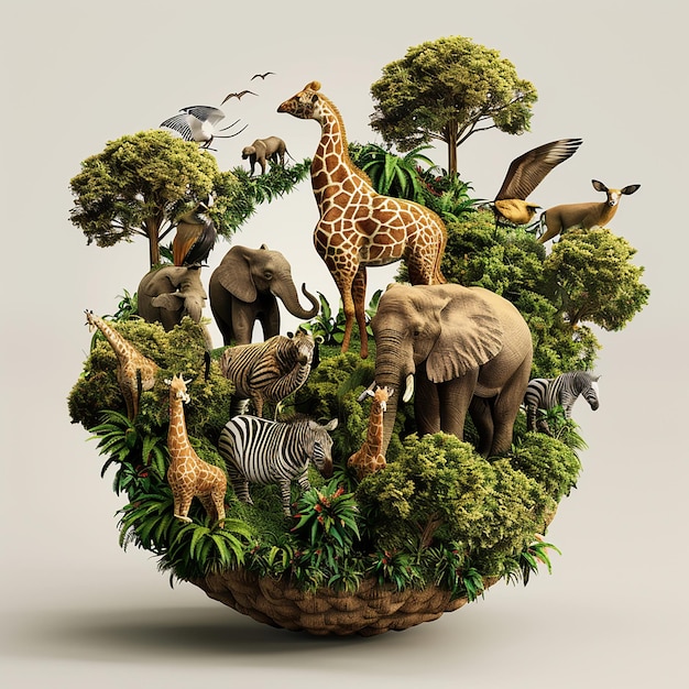 Photo a giraffe and zebras are in a basket with animals