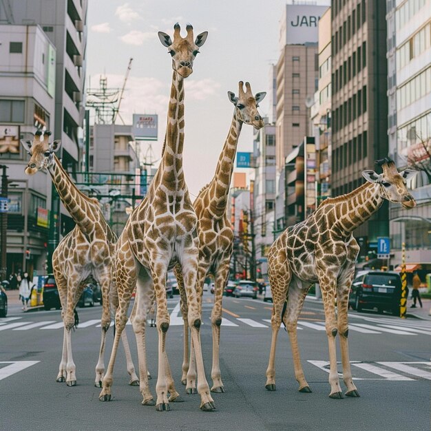 Photo giraffes at a city crossroad a rare urban wildlife sighting