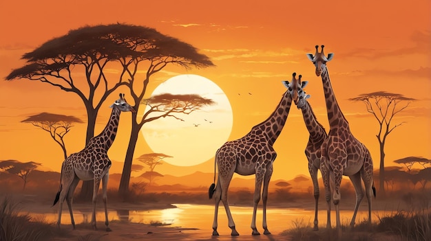 giraffes in front of a sunset with a sunset in the background