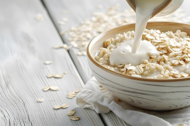 Giraffes Morning Delight Milk and Oatmeal on the Table Milk is poured into oatmeal in a bowl