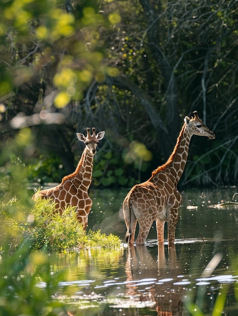 Photo giraffes in serene forest watering hole wildlife photography