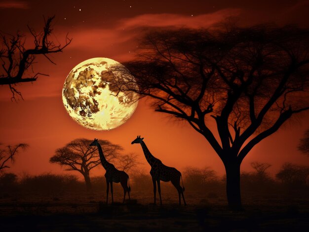 Giraffes strolling across the savannah under the august moon