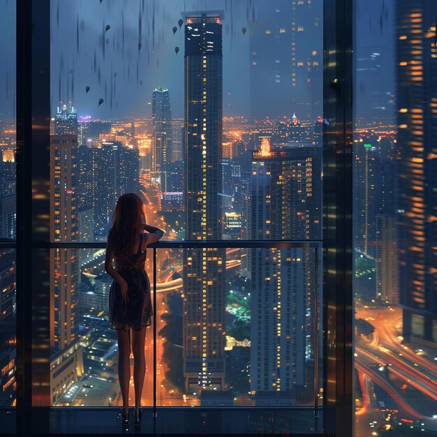 Girl admiring cityscape from balcony at dusk skyscrapers glowing in afterglow