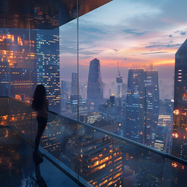 Girl admiring cityscape from balcony at dusk skyscrapers glowing in afterglow