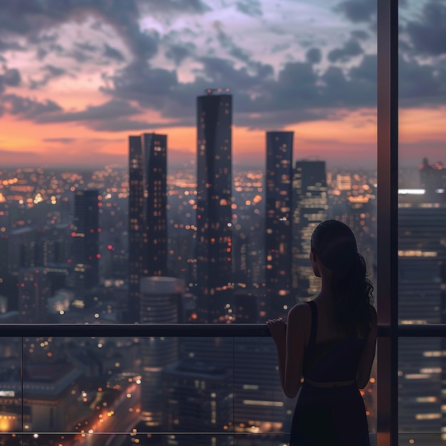 Girl admiring cityscape from balcony at dusk skyscrapers glowing in afterglow