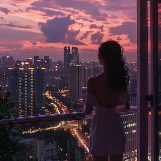 Photo girl admiring cityscape from balcony at dusk skyscrapers glowing in afterglow