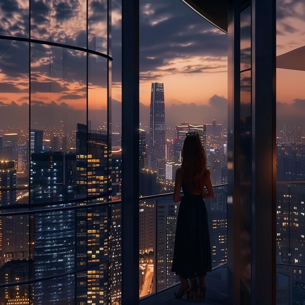 Girl admiring cityscape from balcony at dusk skyscrapers glowing in afterglow