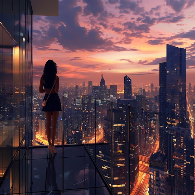 Girl admiring cityscape from balcony at dusk skyscrapers glowing in afterglow