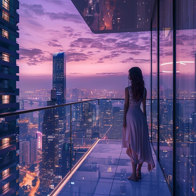 Photo girl admiring cityscape from balcony at dusk skyscrapers glowing in afterglow