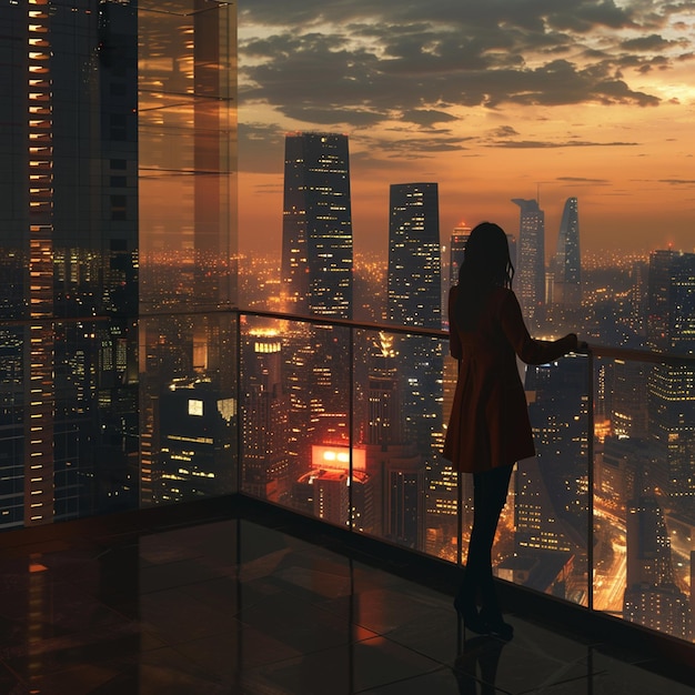 Photo girl admiring cityscape from balcony at dusk skyscrapers glowing in afterglow