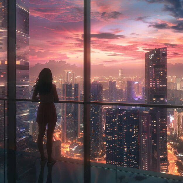 Photo girl admiring cityscape from balcony at dusk skyscrapers glowing in afterglow