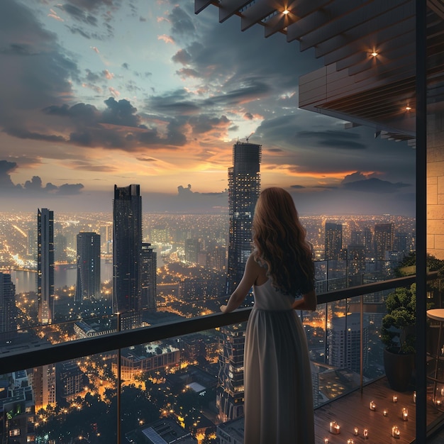 Photo girl admiring cityscape from balcony at dusk skyscrapers glowing in afterglow