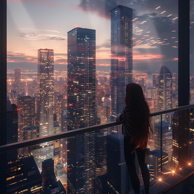 Girl admiring cityscape from balcony at dusk skyscrapers glowing in afterglow