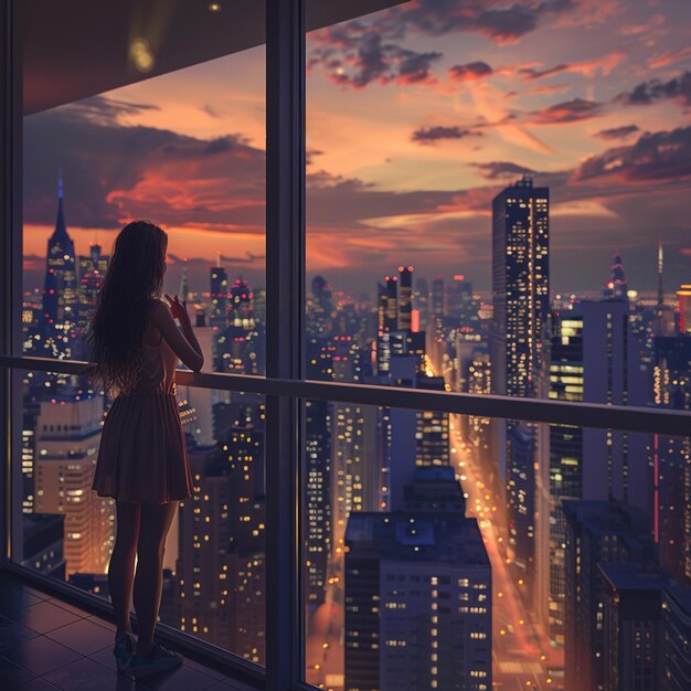 Photo girl admiring cityscape from balcony at dusk skyscrapers glowing in afterglow