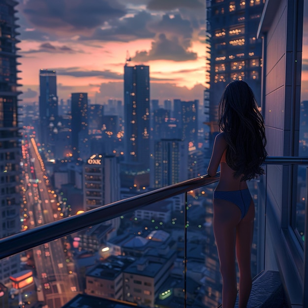 Photo girl admiring cityscape from balcony at dusk skyscrapers glowing in afterglow