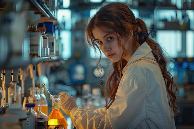 The girl analyzes chemicals in the laboratory