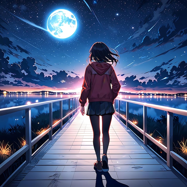 Photo a girl anime is walking down a boardwalk with the moon in the 4k background